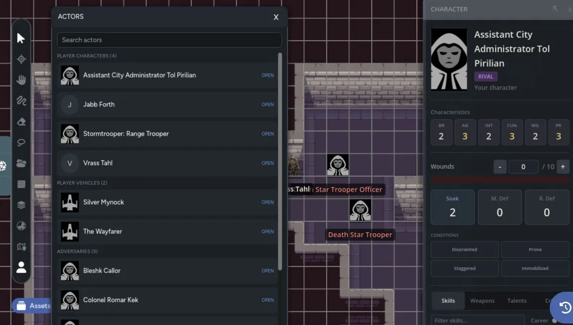 The Actors roster open beside a character quick sheet