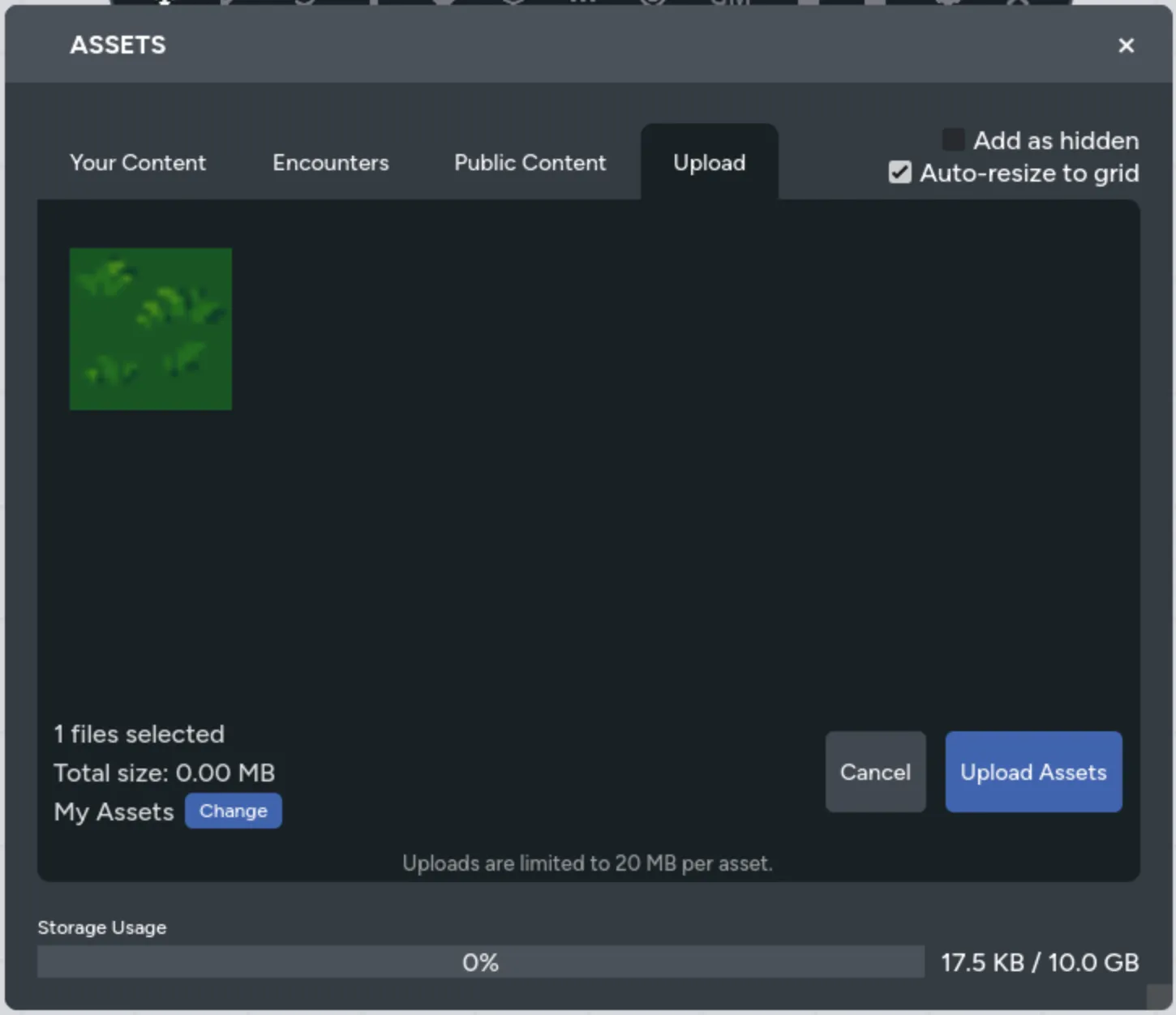 Upload tab on the asset manager