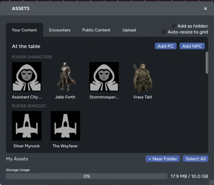 The Your Content tab showing game actors and uploaded assets