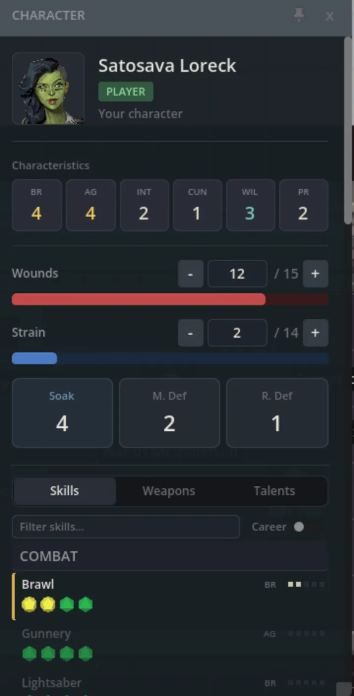 An example character sheet, showing a portrait, characteristics grid, wound/strain bars, and defense views