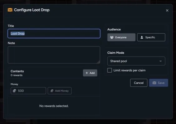 The Configure Loot Drop dialog with audience, claim mode, rewards, and money controls