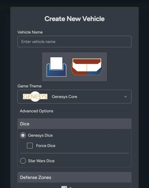 Create New Vehicle page showing the name, game theme, dice, Force dice, and defense-zone fields