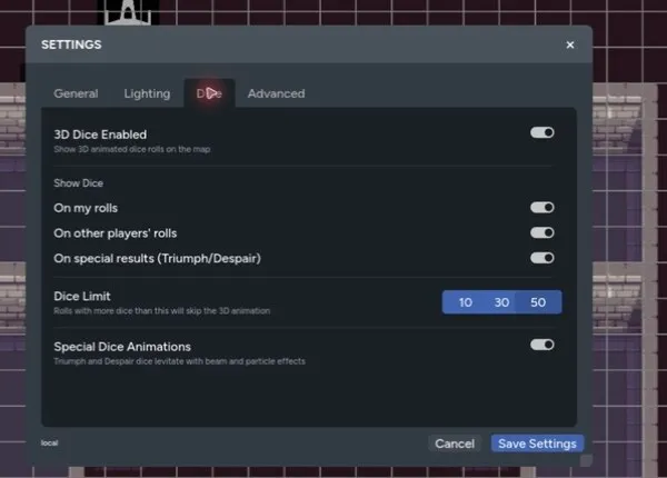 The Dice tab in Maps settings