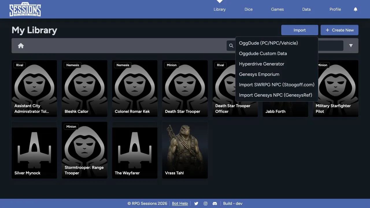 Library Import menu listing the supported OggDude, Hyperdrive Generator, Genesys Emporium, Stoogoff, and GenesysRef options