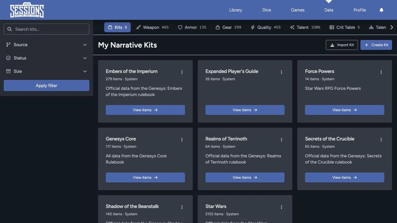 RPG Sessions Data Library showing narrative kits, category tabs, search, filters, and kit controls