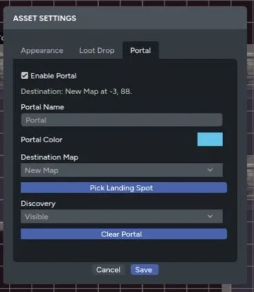 Portal settings with a destination map and landing spot configured