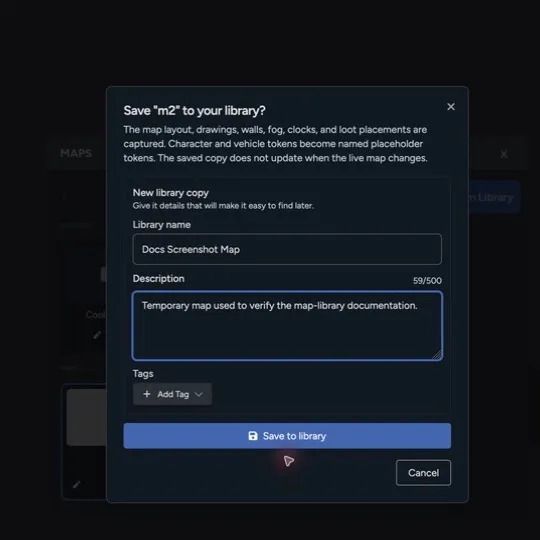 The Save to library dialog with name, description, and tag fields