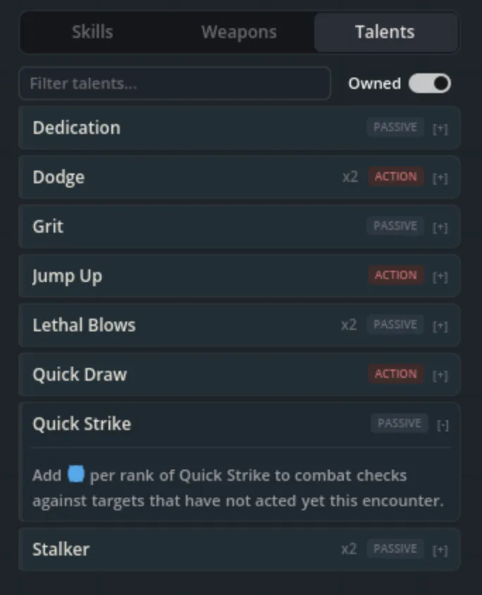 Talents tab view showing expandable talent cards with activation badges