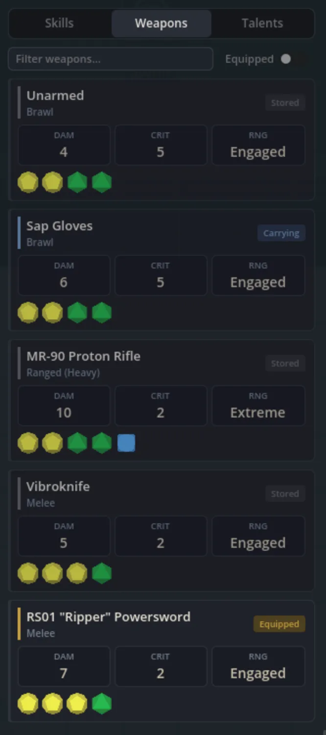 Weapons tab showing weapon cards with stat pills and dice pools
